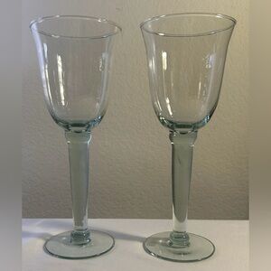 2 Vintage Hand Blown Clear Sage Green Recycled Glass Goblets Made In Mexico
